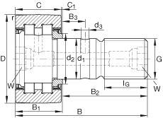 螺栓型滾輪 PWKR52-2RS, 軸向引導(dǎo)，滿裝圓柱滾子，兩側(cè)唇密封