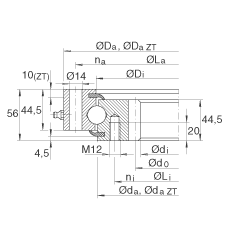 四點接觸球軸承 VSI200544-N, 標準系列 20， 內部的齒輪齒，兩側唇密封