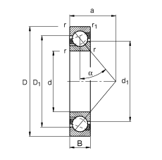 角接觸球軸承 7332-B-MP, 根據(jù) DIN 628-1 標(biāo)準(zhǔn)的主要尺寸，接觸角 α = 40°