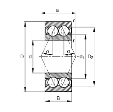 角接觸球軸承 3808-B-2RSR-TVH, 雙列，雙側(cè)唇密封，接觸角 α = 25°