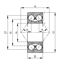 角接觸球軸承 3322-M, 根據(jù) DIN 628-3 標(biāo)準(zhǔn)的主要尺寸，雙列，帶填球槽，接觸角 α = 35°