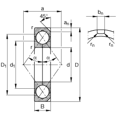 四點(diǎn)接觸球軸承 QJ336-N2-MPA, 根據(jù) DIN 628-4 的主要尺寸， 可以拆卸，剖分內(nèi)圈，帶兩個(gè)止動(dòng)槽