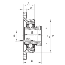 軸承座單元 LCJT45, 帶兩個螺栓孔的法蘭的軸承座單元，鑄鐵， 偏心鎖圈， L型密封，適合溫度從 -40°C 到 +180°C