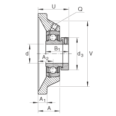 軸承座單元 PCJ20-N-FA125, 帶四個螺栓孔的法蘭的軸承座單元，鑄鐵，偏心鎖圈，P型密封，耐腐蝕保護(hù)