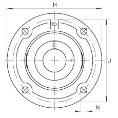 軸承座單元 RFE25, 帶四個螺栓孔的法蘭的軸承座單元，定心凸出物，鑄鐵，偏心鎖圈，R 型密封
