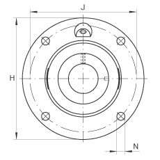 軸承座單元 RME55, 帶四個螺栓孔的法蘭的軸承座單元，定心凸出物，鑄鐵，偏心鎖圈，R 型密封