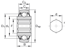 外球面球軸承 SK014-205-KRR-B, 球面外圈，內(nèi)圈帶六角形孔，兩側(cè) R 型密封