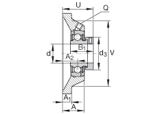 軸承座單元 PCJ5/8, 四角法蘭軸承座單元，鑄鐵，根據(jù) ABMA 15 - 1991, ABMA 14 - 1991, ISO3228 帶有偏心緊定環(huán)，P型密封，英制