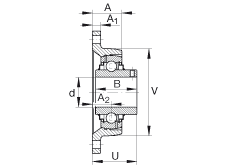 軸承座單元 RCJTY1-11/16, 對角法蘭軸承座單元，鑄鐵，根據(jù) ABMA 15 - 1991, ABMA 14 - 1991, ISO3228 內圈帶有平頭螺栓，R型密封，英制